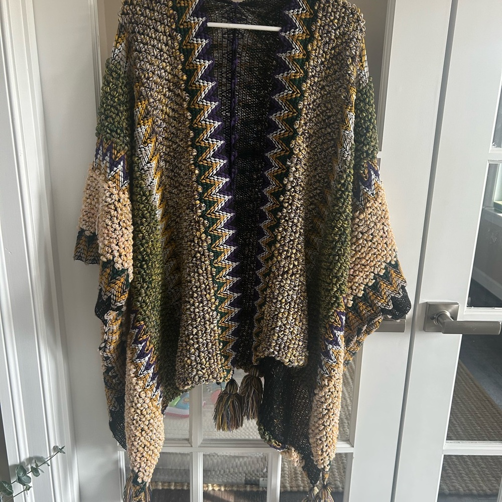 Multicolor Knit Poncho with Tassels